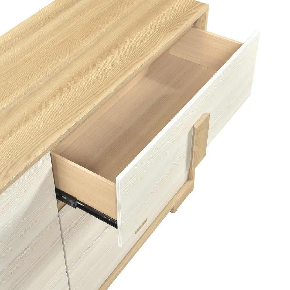 Kery Wide Dresser | 6 Drawers w Board Handles | Natural Brown & White Wood