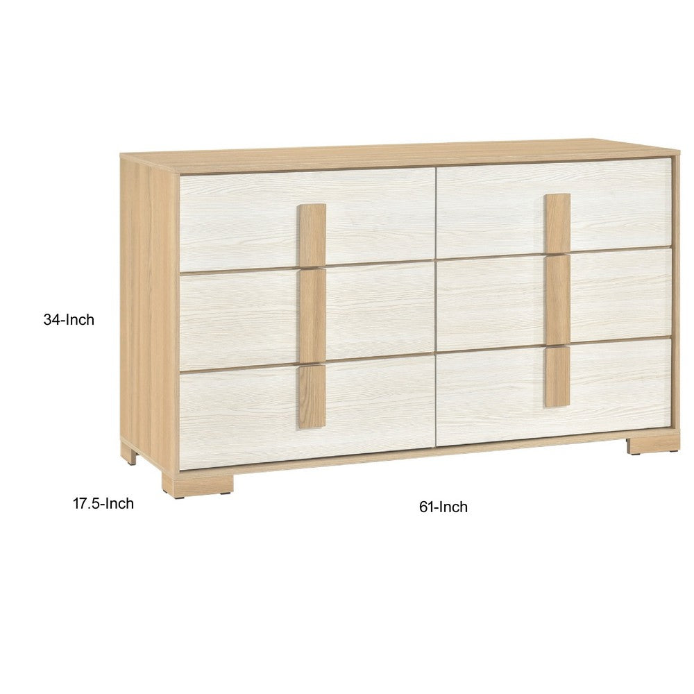 Kery Wide Dresser | 6 Drawers w Board Handles | Natural Brown & White Wood
