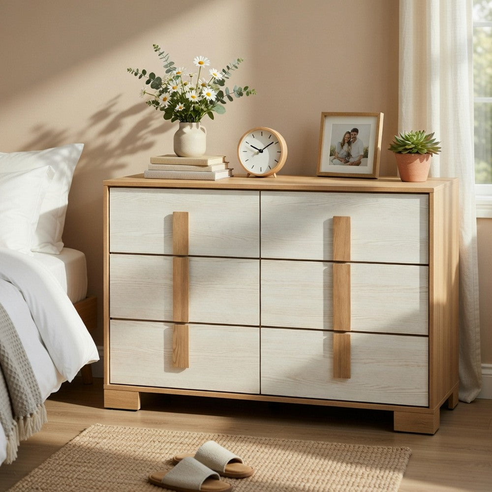 Kery Wide Dresser | 6 Drawers w Board Handles | Natural Brown & White Wood