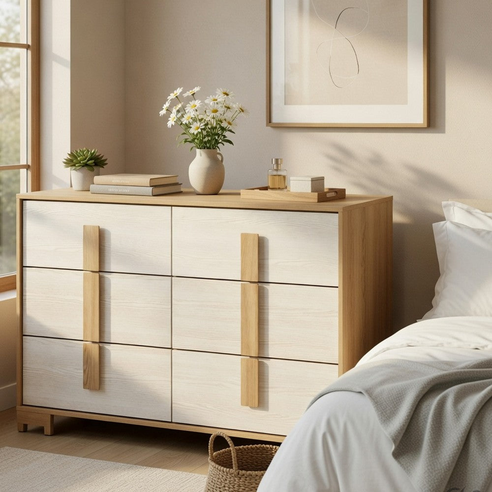 Kery Wide Dresser | 6 Drawers w Board Handles | Natural Brown & White Wood