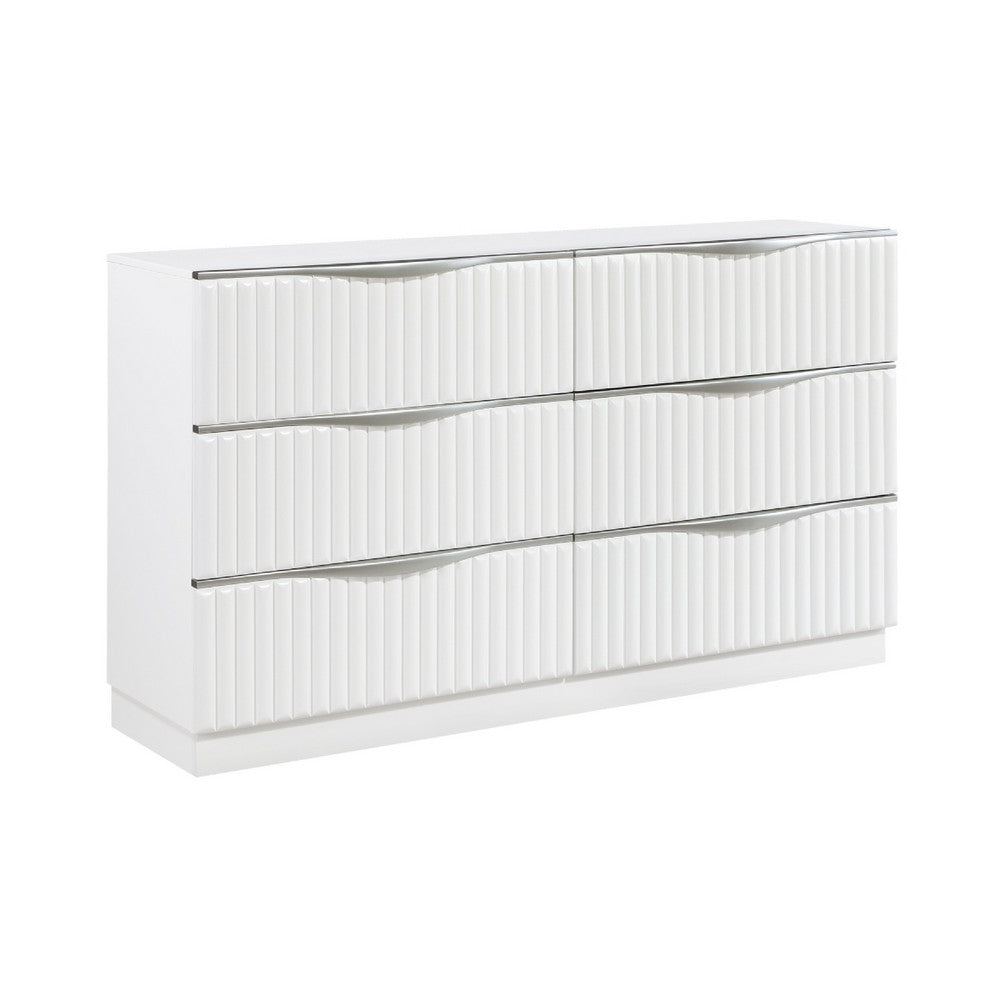 Lon Wide Dresser | 6 Drawers w Edge Handles | Ribbed Front | Pearl White