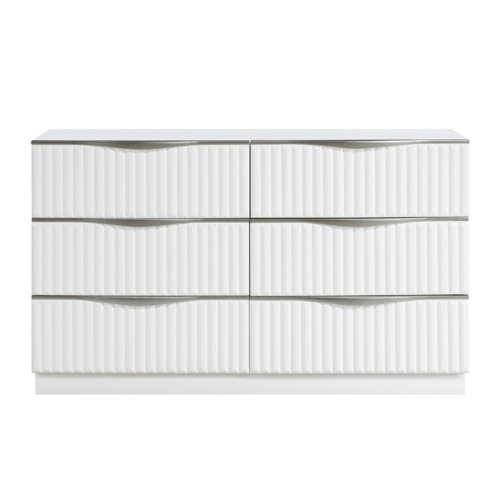 Lon Wide Dresser | 6 Drawers w Edge Handles | Ribbed Front | Pearl White