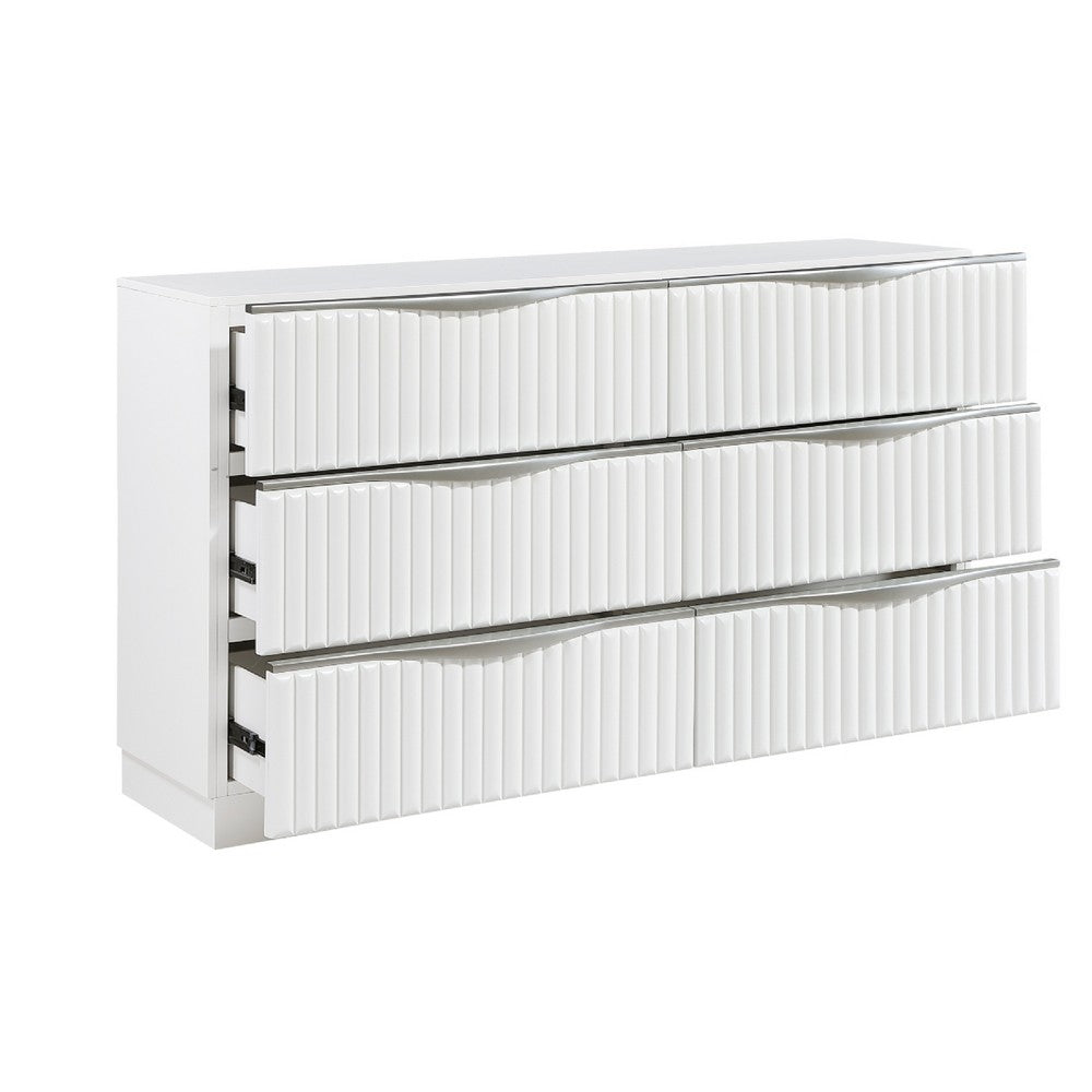 Lon Wide Dresser | 6 Drawers w Edge Handles | Ribbed Front | Pearl White