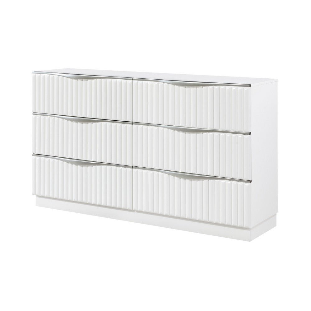 Lon Wide Dresser | 6 Drawers w Edge Handles | Ribbed Front | Pearl White