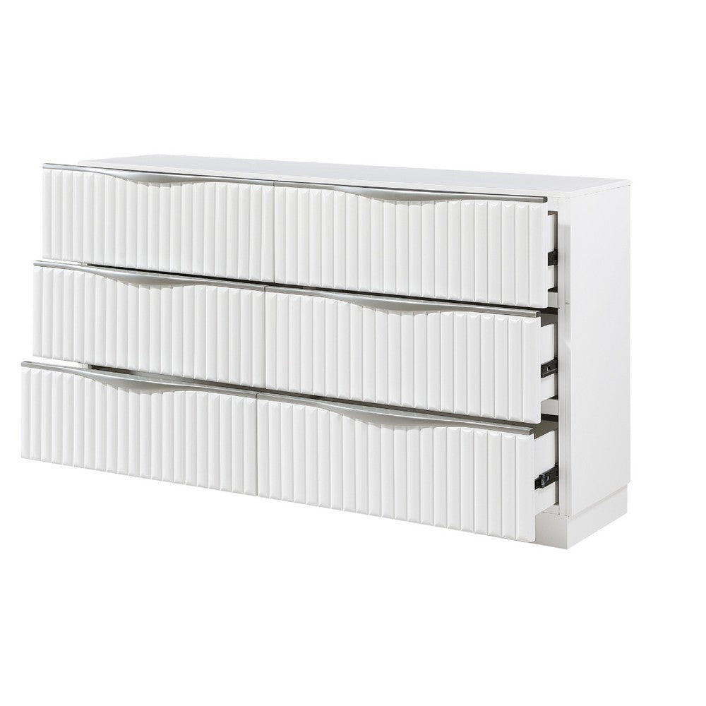 Lon Wide Dresser | 6 Drawers w Edge Handles | Ribbed Front | Pearl White