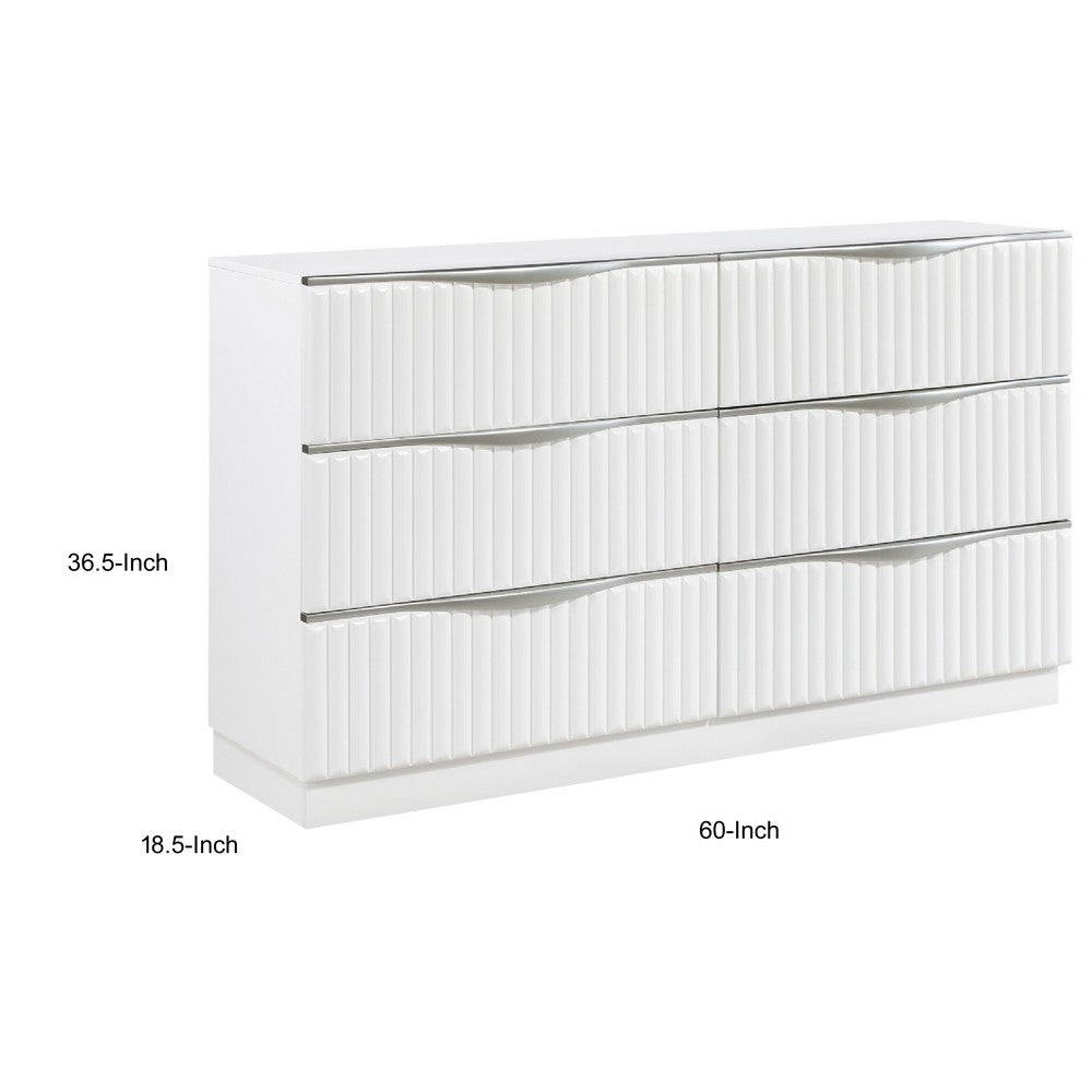 Lon Wide Dresser | 6 Drawers w Edge Handles | Ribbed Front | Pearl White