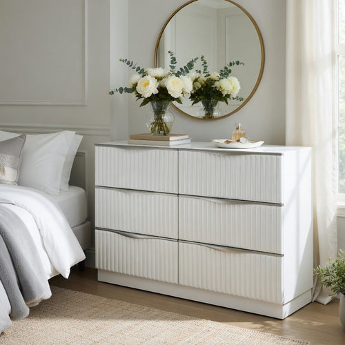 Lon Wide Dresser | 6 Drawers w Edge Handles | Ribbed Front | Pearl White