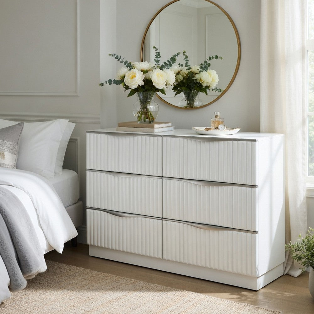 Lon Wide Dresser | 6 Drawers w Edge Handles | Ribbed Front | Pearl White