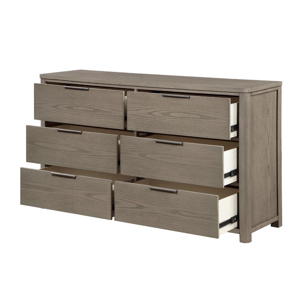 Dely Wide Dresser | 6 Drawers | Chrome Edge Handles | Modern Rustic Gray