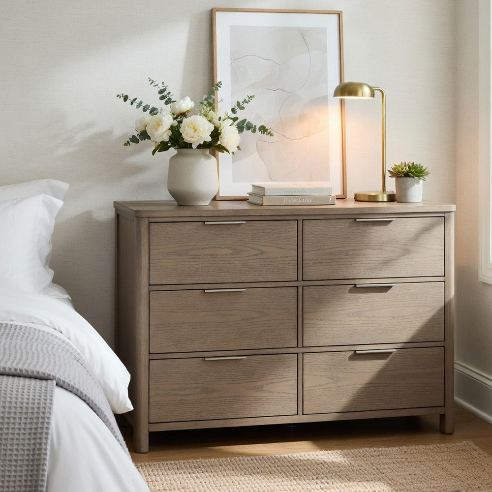 Dely Wide Dresser | 6 Drawers | Chrome Edge Handles | Modern Rustic Gray