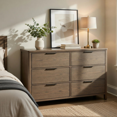 Dely Wide Dresser | 6 Drawers | Chrome Edge Handles | Modern Rustic Gray