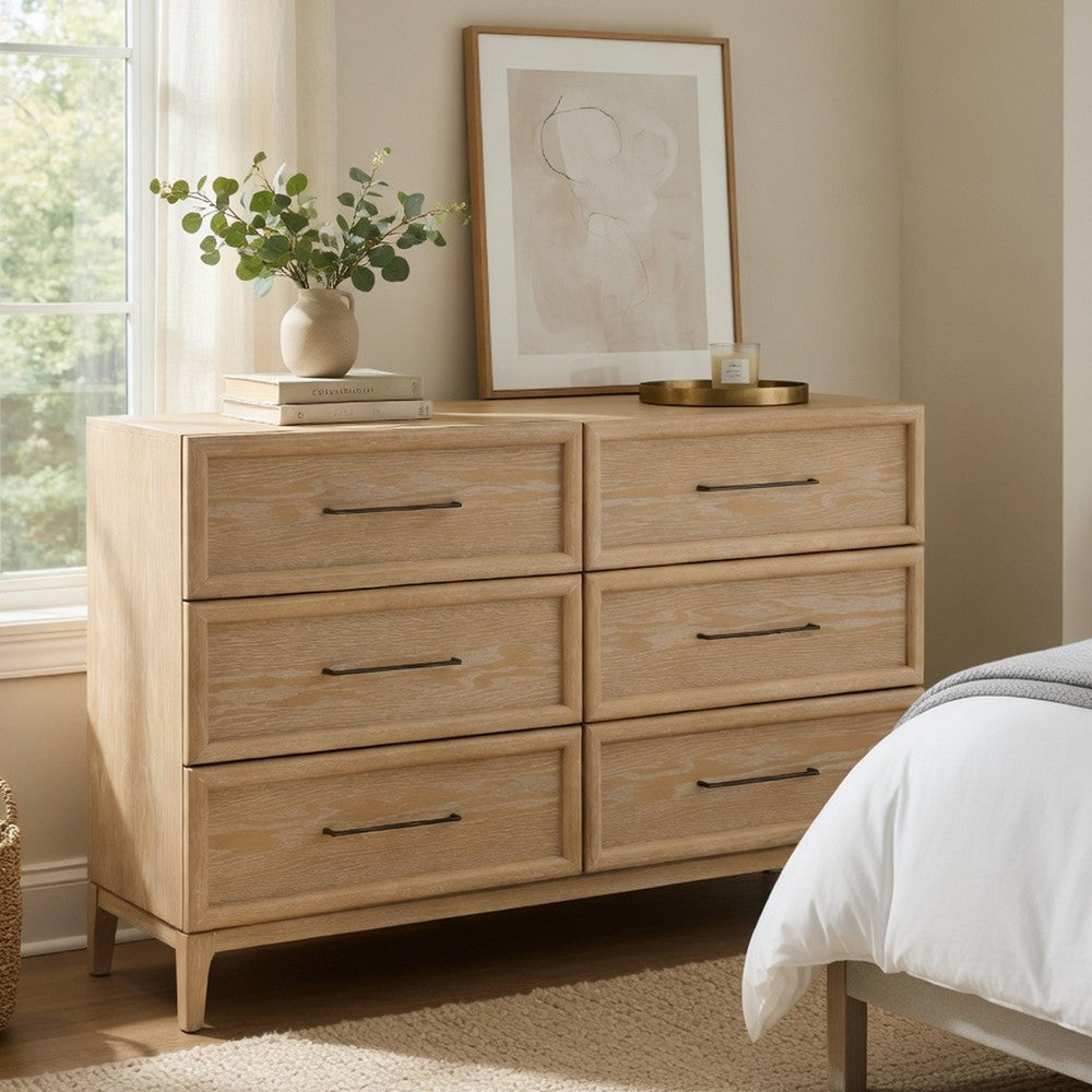 Ary Wide Dresser | 6 Drawers | Black Nickel Handles | Light Brown Wood