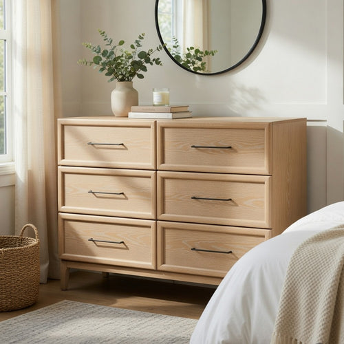 Ary Wide Dresser | 6 Drawers | Black Nickel Handles | Light Brown Wood