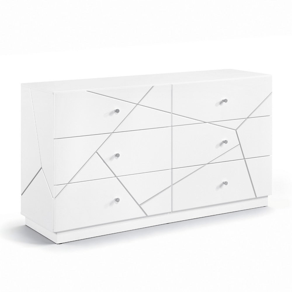 Oly Wide Dresser | 6 Drawers | Geometric Design | Chrome Knobs | Glossy White