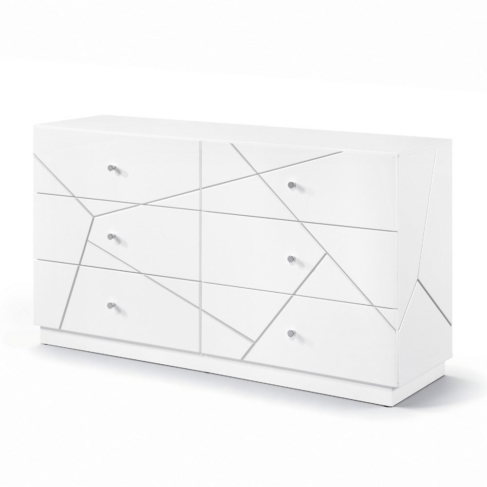 Oly Wide Dresser | 6 Drawers | Geometric Design | Chrome Knobs | Glossy White
