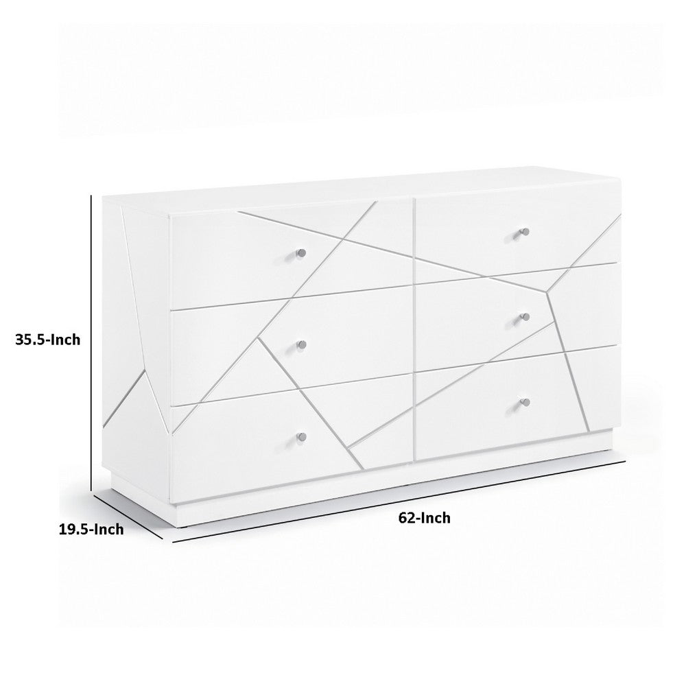 Oly Wide Dresser | 6 Drawers | Geometric Design | Chrome Knobs | Glossy White