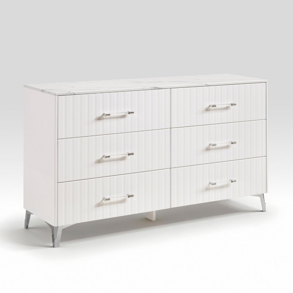 Cyna Wide Dresser | Faux Marble Top | 6 Drawers | Textured Front | White