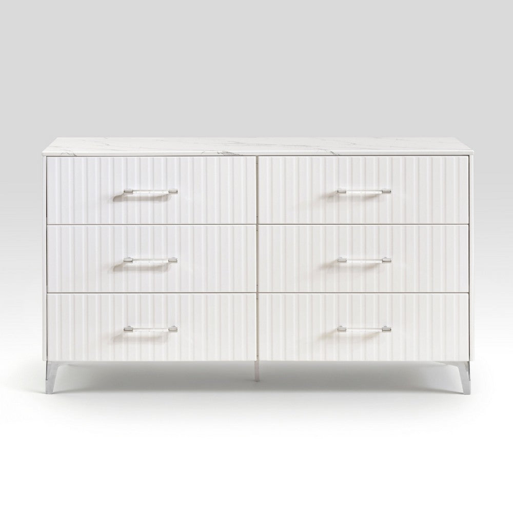 Cyna Wide Dresser | Faux Marble Top | 6 Drawers | Textured Front | White