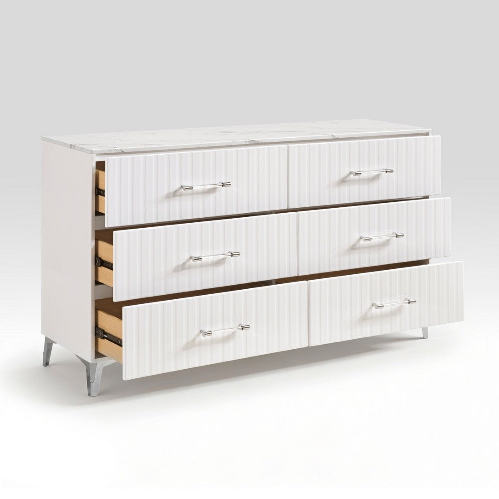 Cyna Wide Dresser | Faux Marble Top | 6 Drawers | Textured Front | White