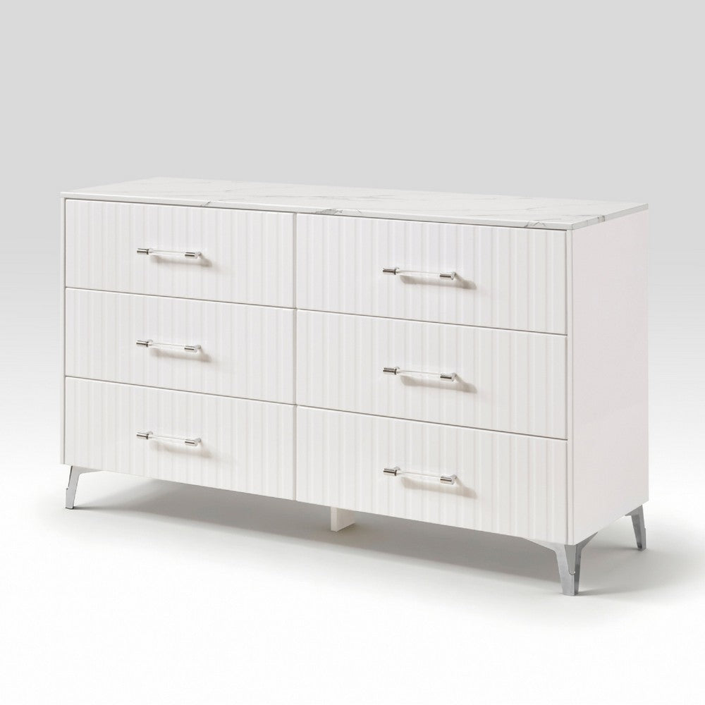 Cyna Wide Dresser | Faux Marble Top | 6 Drawers | Textured Front | White
