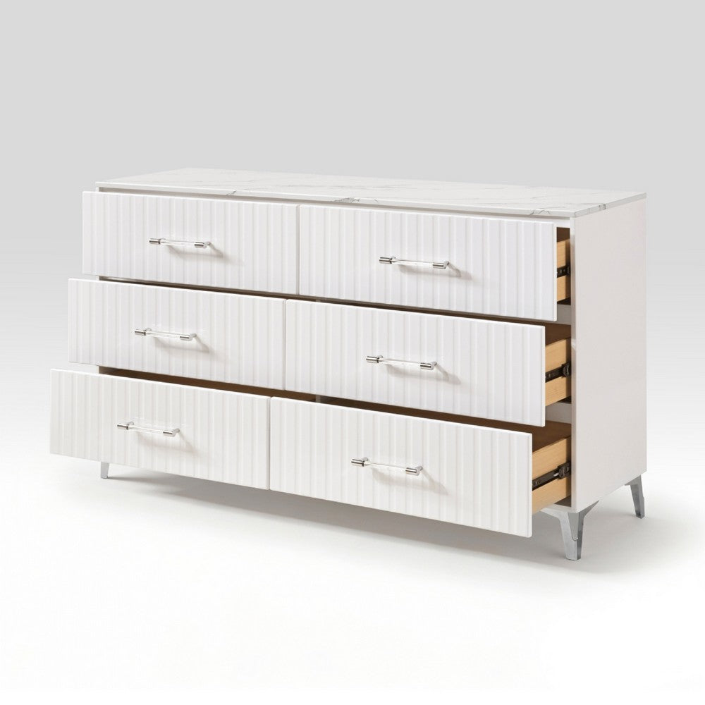 Cyna Wide Dresser | Faux Marble Top | 6 Drawers | Textured Front | White