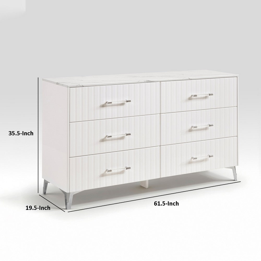 Cyna Wide Dresser | Faux Marble Top | 6 Drawers | Textured Front | White
