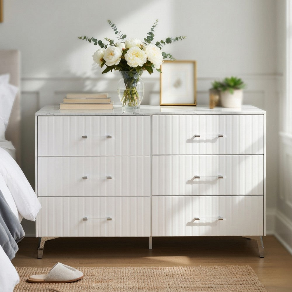 Cyna Wide Dresser | Faux Marble Top | 6 Drawers | Textured Front | White