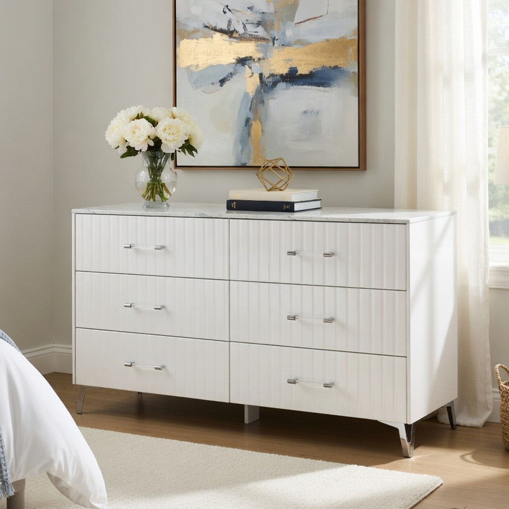 Cyna Wide Dresser | Faux Marble Top | 6 Drawers | Textured Front | White