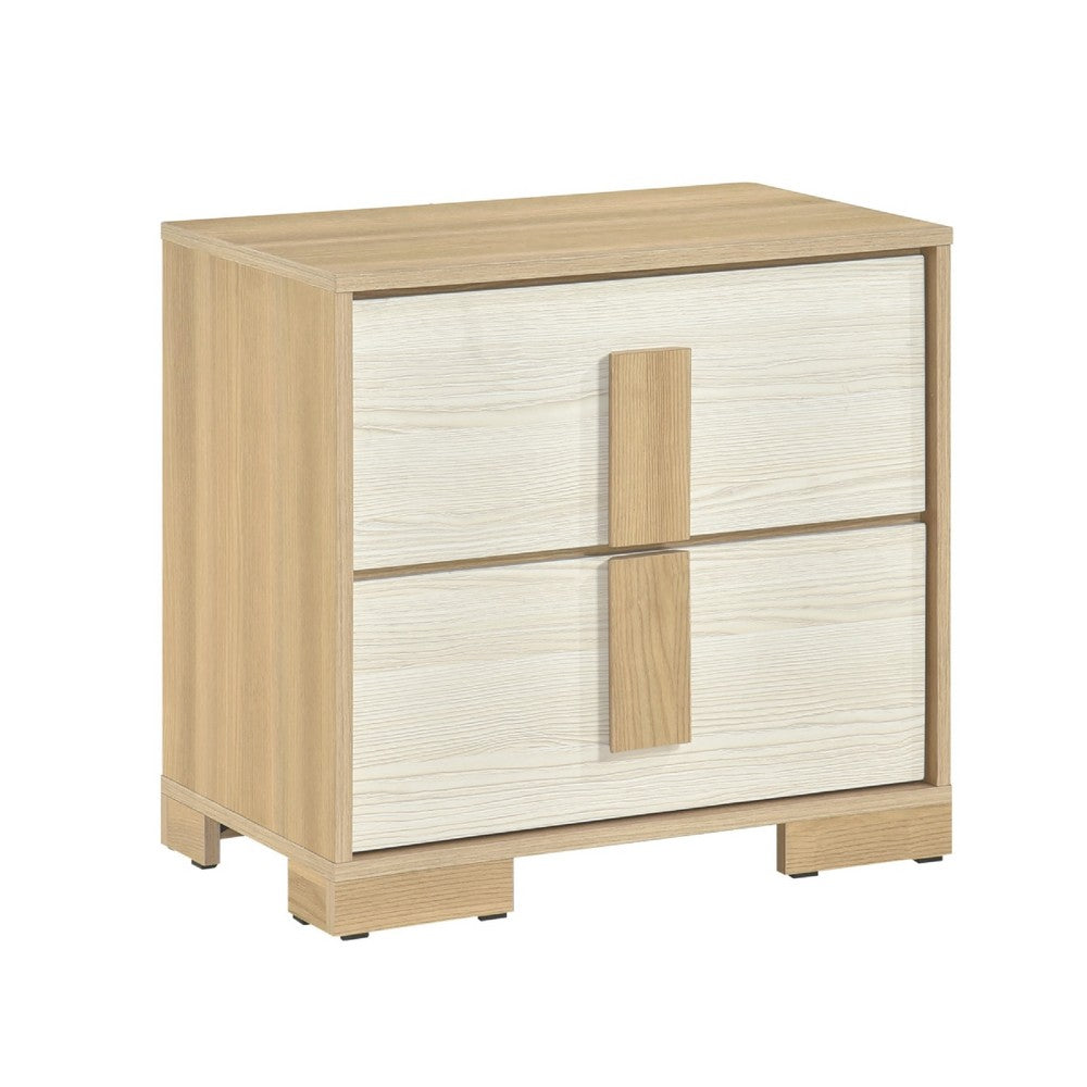 Kery Nighstand | 2 Drawers w Board Handles | Natural Brown & White Wood