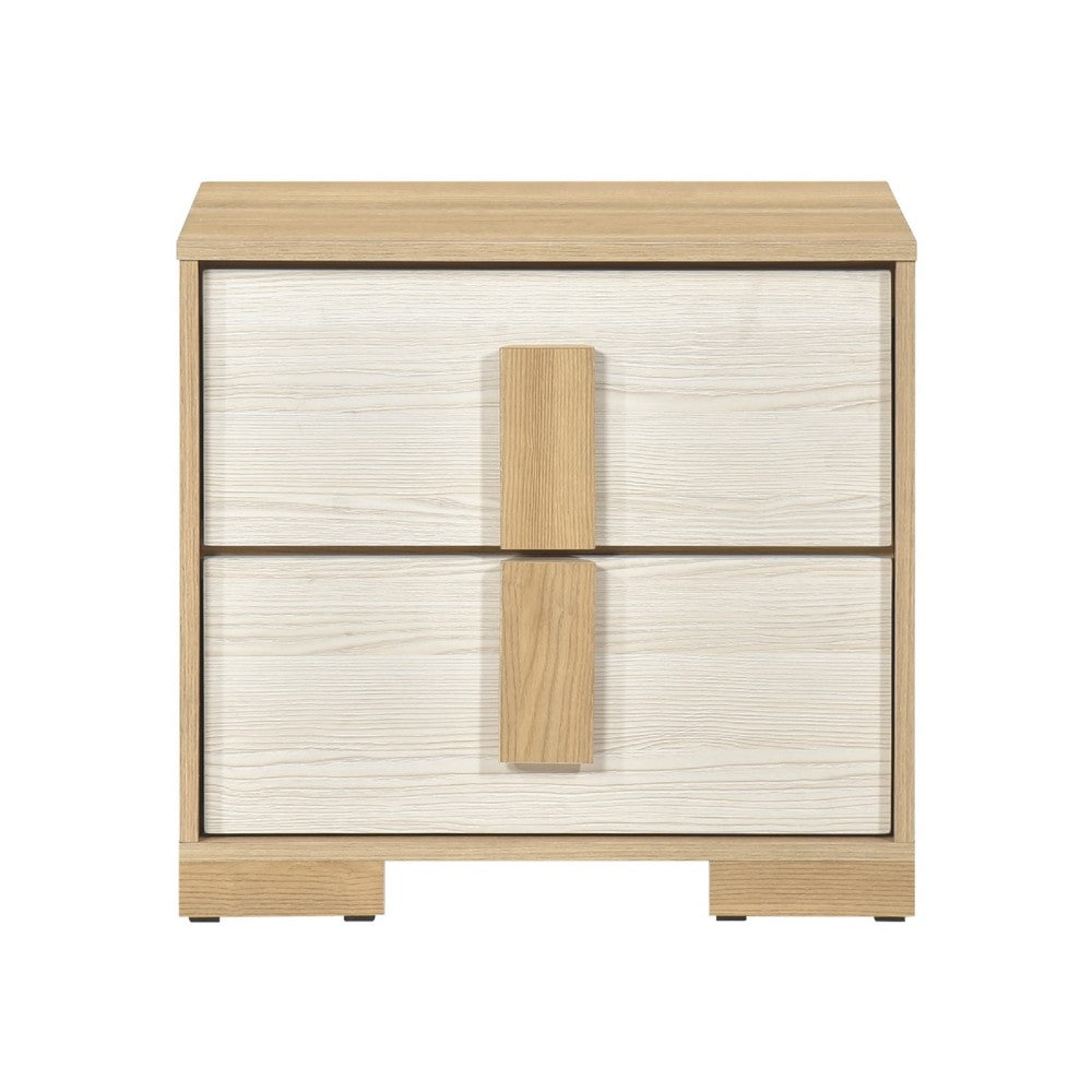 Kery Nighstand | 2 Drawers w Board Handles | Natural Brown & White Wood