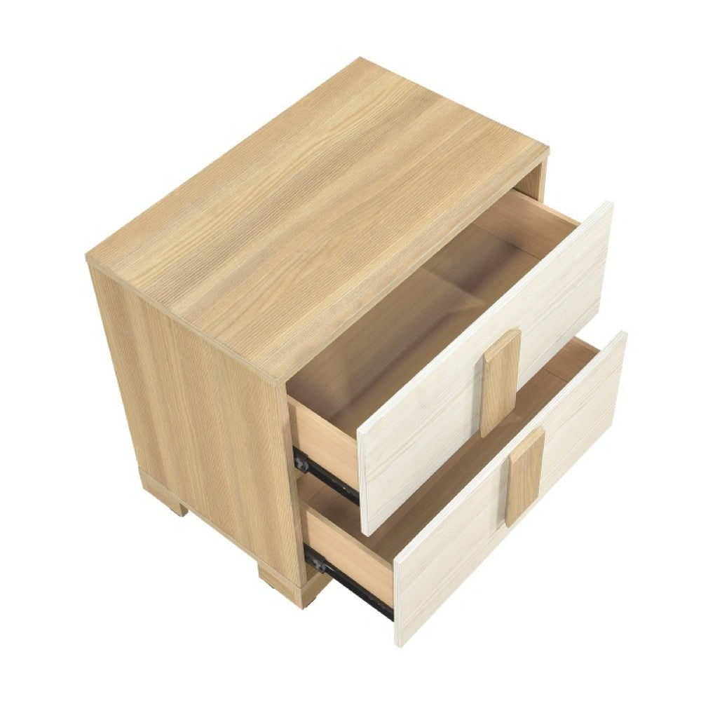 Kery Nighstand | 2 Drawers w Board Handles | Natural Brown & White Wood