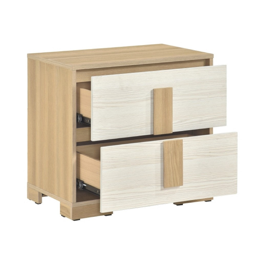Kery Nighstand | 2 Drawers w Board Handles | Natural Brown & White Wood