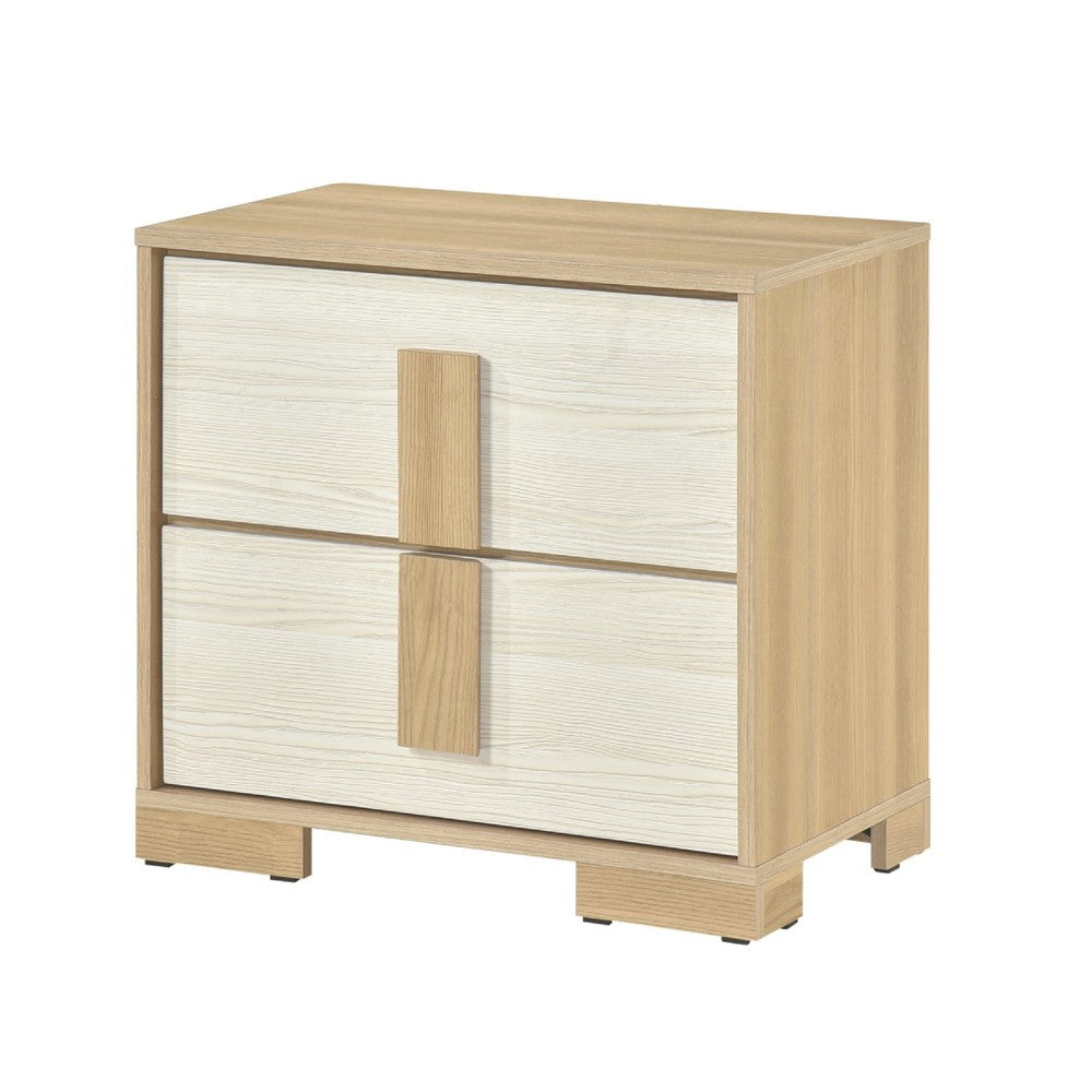 Kery Nighstand | 2 Drawers w Board Handles | Natural Brown & White Wood