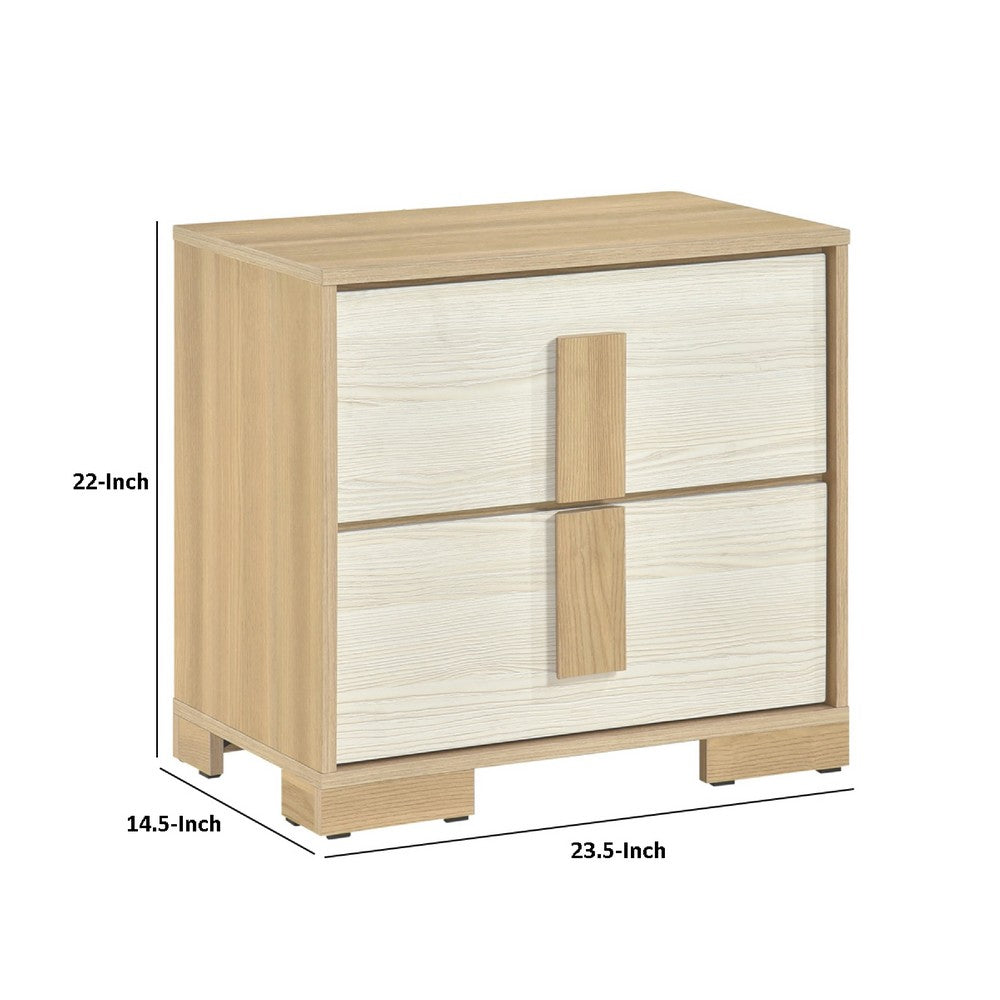 Kery Nighstand | 2 Drawers w Board Handles | Natural Brown & White Wood