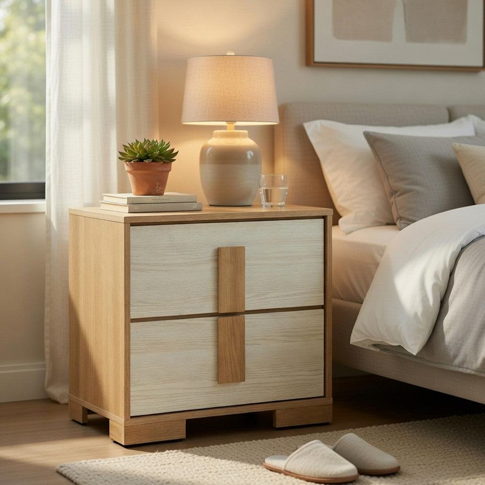 Kery Nighstand | 2 Drawers w Board Handles | Natural Brown & White Wood