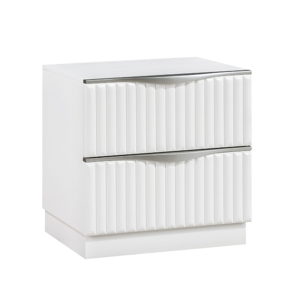 Lon Nighstand | 2 Drawers w Edge Handles | Ribbed Front | Pearl White Wood