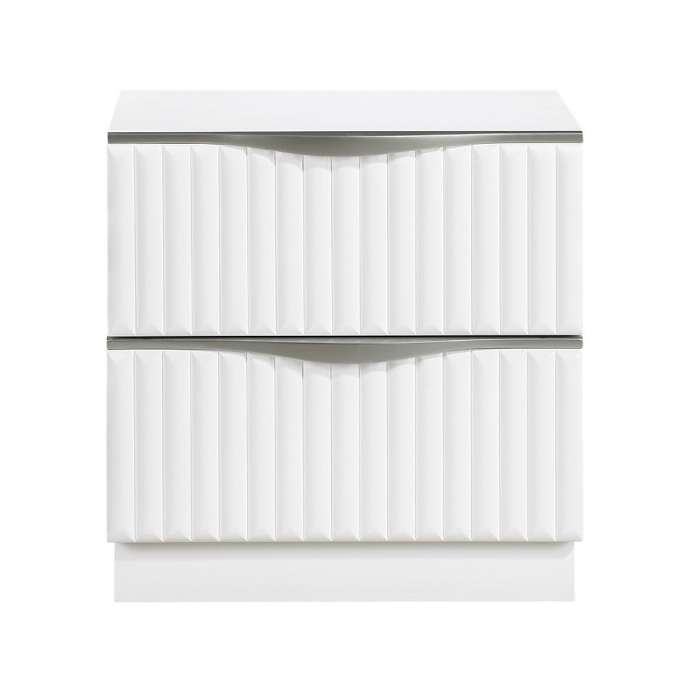 Lon Nighstand | 2 Drawers w Edge Handles | Ribbed Front | Pearl White Wood