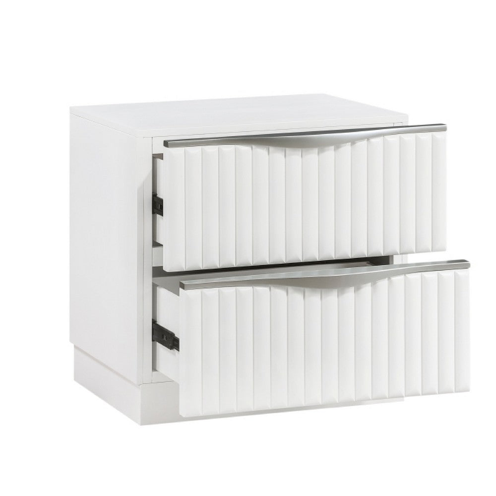 Lon Nighstand | 2 Drawers w Edge Handles | Ribbed Front | Pearl White Wood