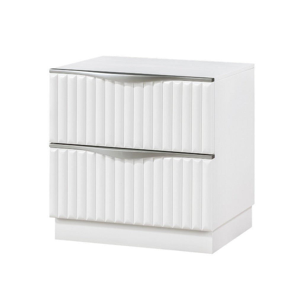 Lon Nighstand | 2 Drawers w Edge Handles | Ribbed Front | Pearl White Wood