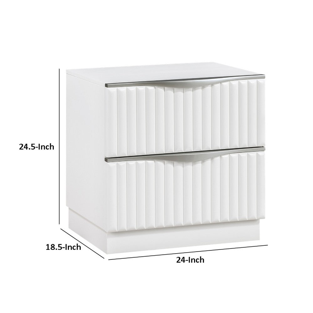 Lon Nighstand | 2 Drawers w Edge Handles | Ribbed Front | Pearl White Wood