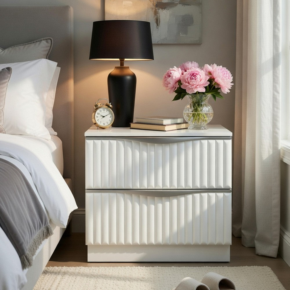 Lon Nighstand | 2 Drawers w Edge Handles | Ribbed Front | Pearl White Wood