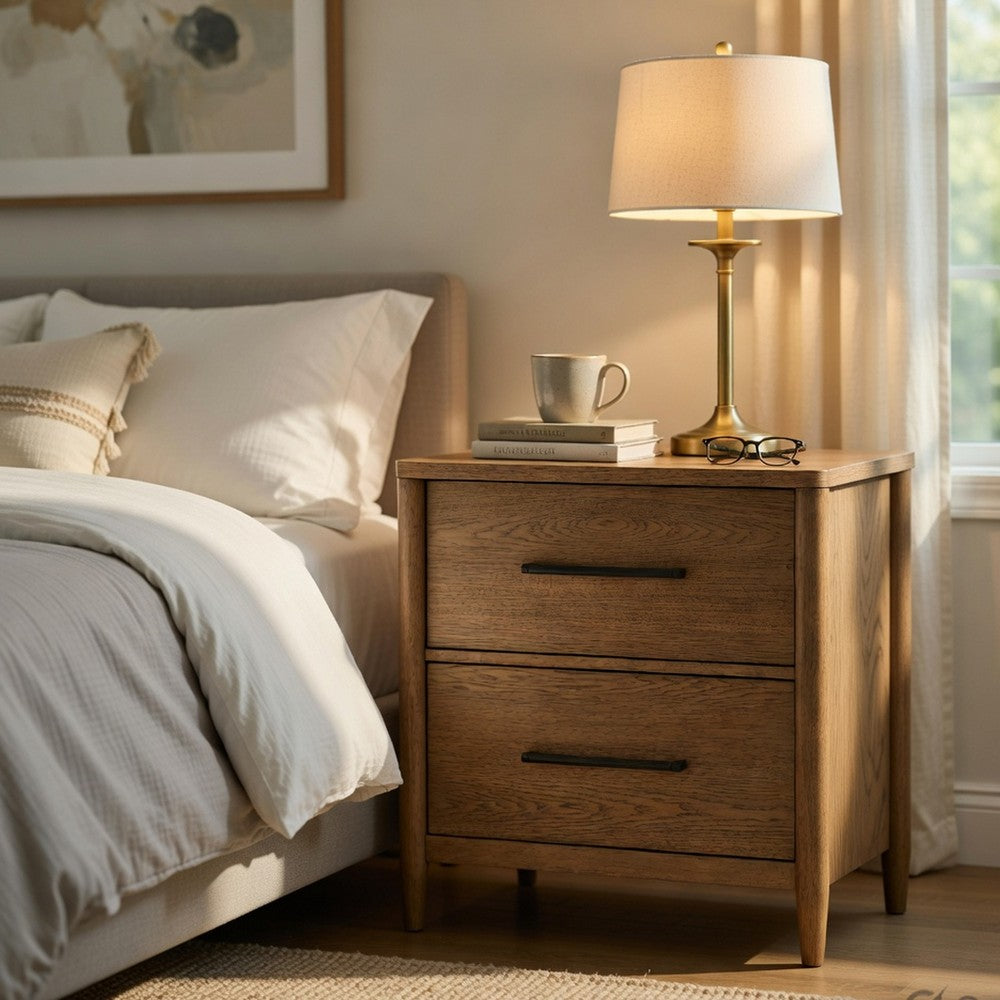 Seny Nighstand | 2 Drawers | USB Ports | Cedar Veneered Bottom Drawer | Brown