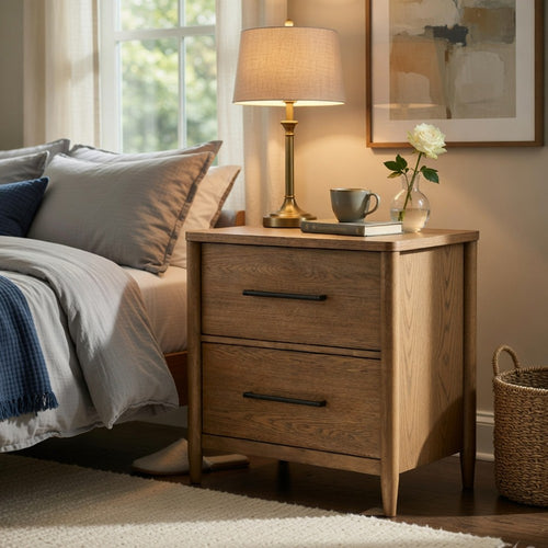 Seny Nighstand | 2 Drawers | USB Ports | Cedar Veneered Bottom Drawer | Brown