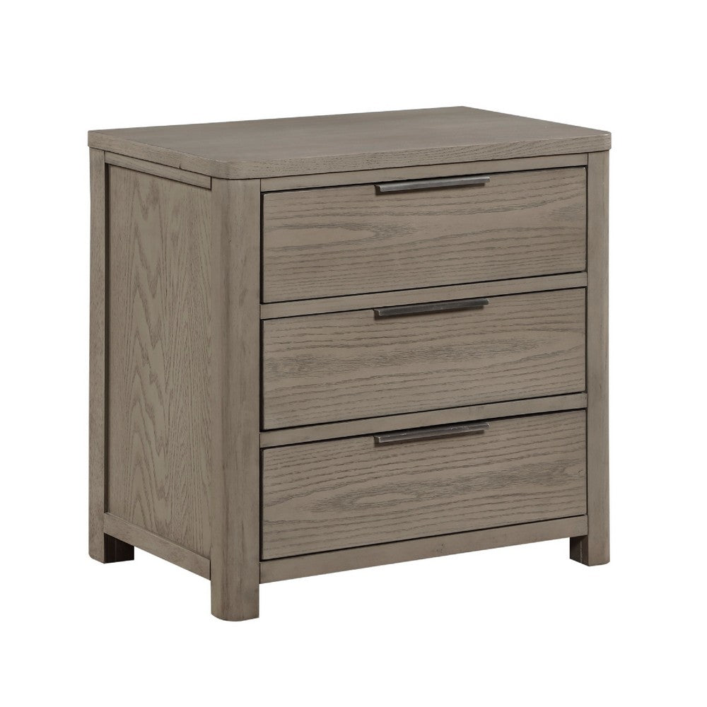 Dely Nighstand | 3 Drawers | Chrome Edge Handles | Modern Rustic Gray Wood