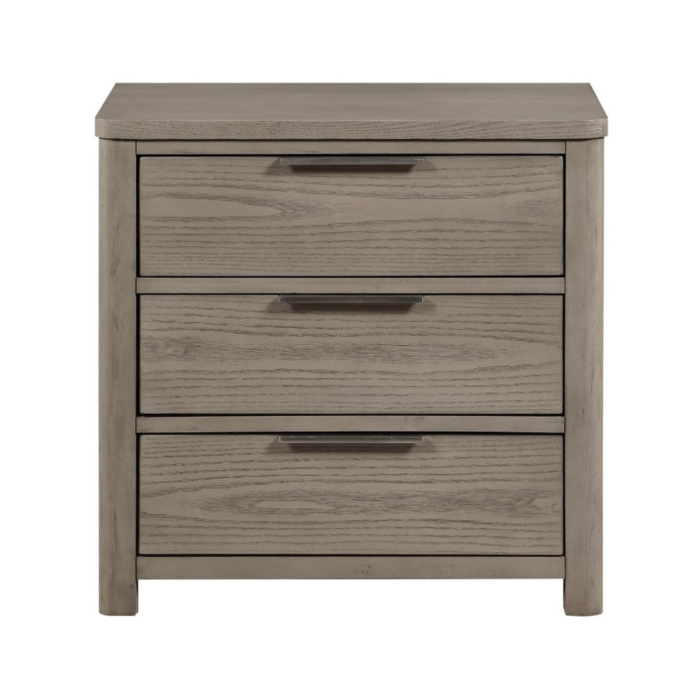 Dely Nighstand | 3 Drawers | Chrome Edge Handles | Modern Rustic Gray Wood