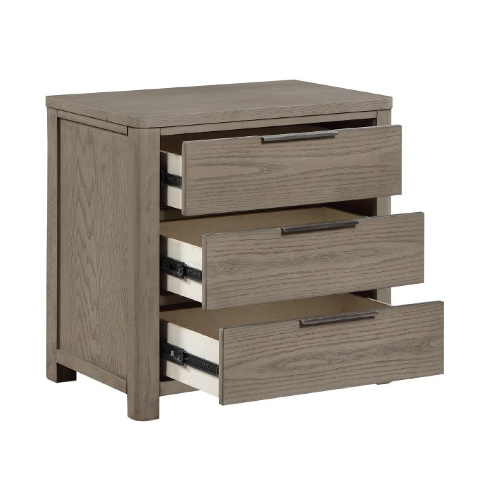 Dely Nighstand | 3 Drawers | Chrome Edge Handles | Modern Rustic Gray Wood