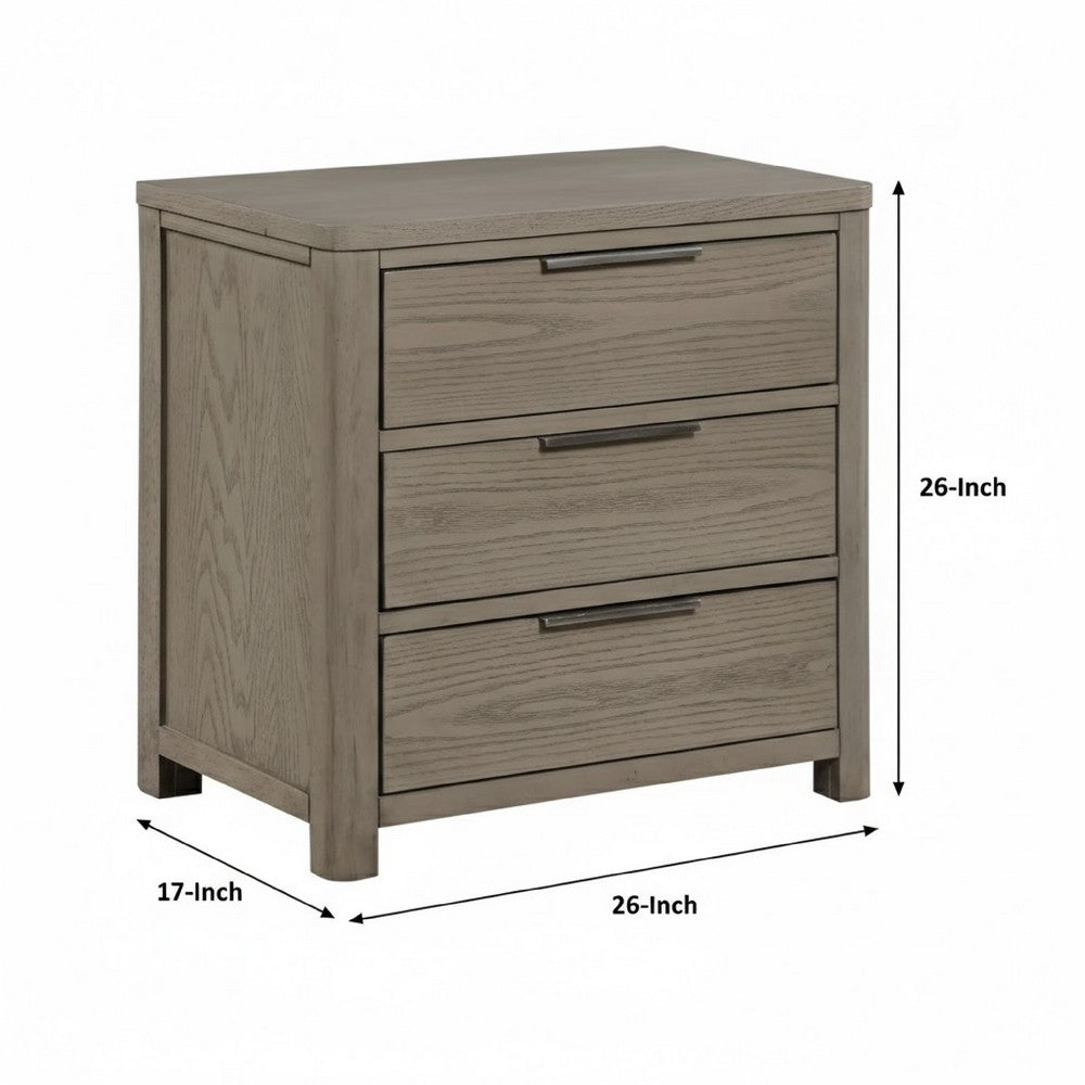 Dely Nighstand | 3 Drawers | Chrome Edge Handles | Modern Rustic Gray Wood