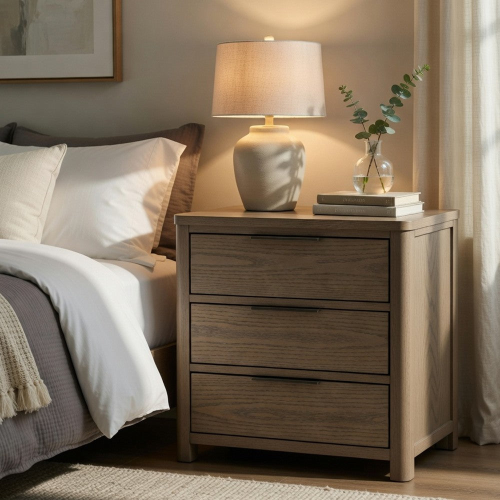 Dely Nighstand | 3 Drawers | Chrome Edge Handles | Modern Rustic Gray Wood