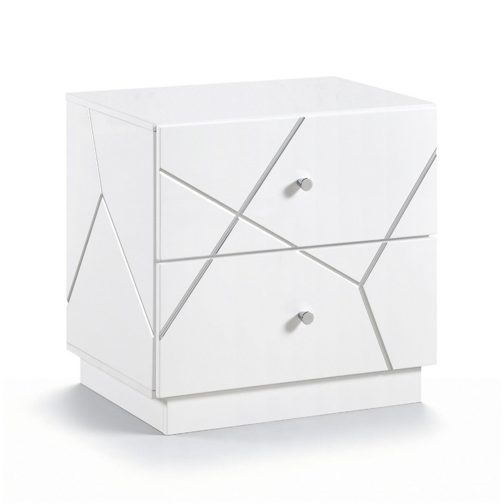 Oly Nighstand | 2 Drawers | Geometric Design | Chrome Knobs | Glossy White