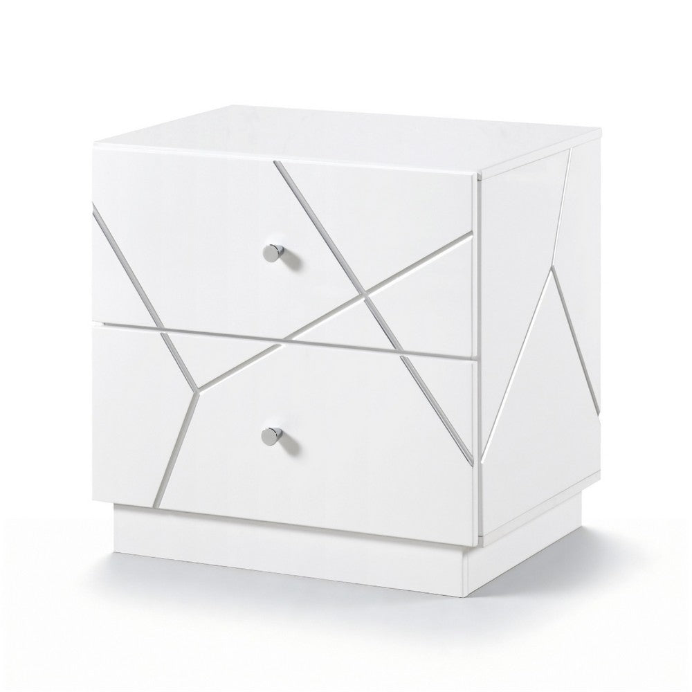Oly Nighstand | 2 Drawers | Geometric Design | Chrome Knobs | Glossy White